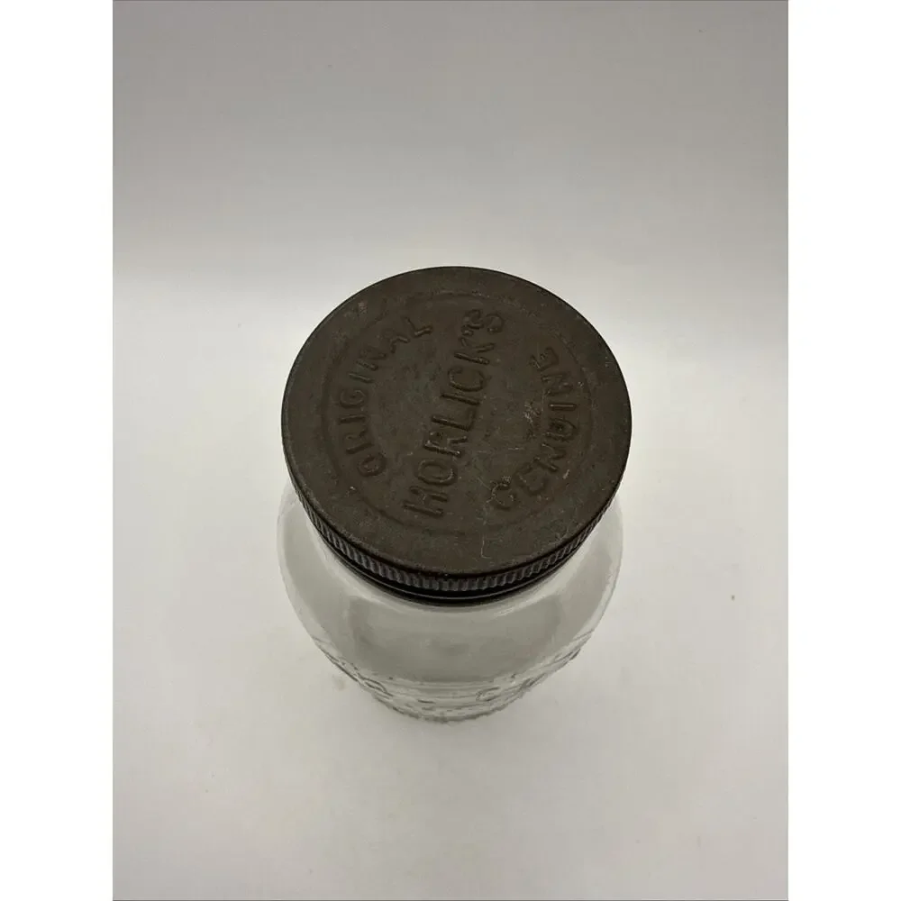 vintage Horlicks Malted Milk Glass Bottle Metal Lid